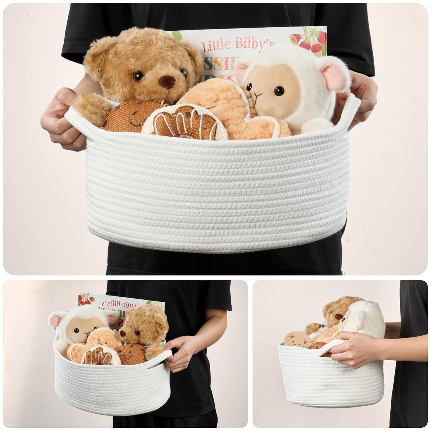 Small Woven Gift Basket Empty with Bag & Ribbon - Gifts for Mom, Baby Shower, Birthdays & Raffle - Cotton Rope Storage Basket for Dog Toys or Shelf - 12"x8"x5", White