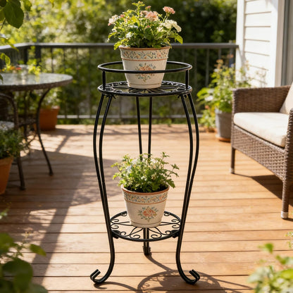 CASIMR 2-Pack Plant Stand, 2 Tier 19.2 inch Tall Metal Potted Holder Rack,Indoor Outdoor Multiple Flower Pot Shelf Rustproof Iron Garden Container for Garden Patio Living Room Corner Balcony, Black