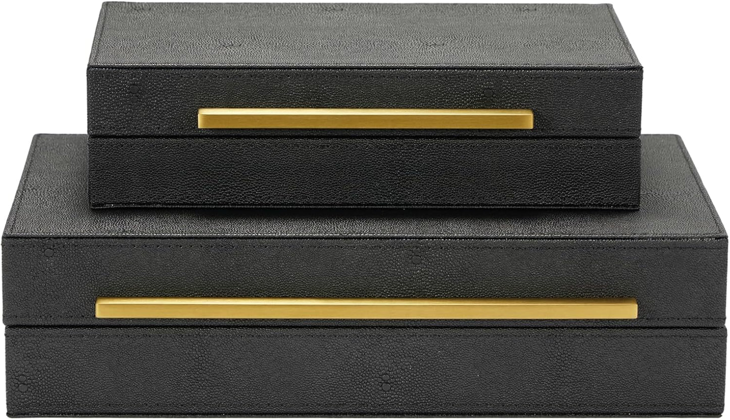 Sagala Set of 2 Ivory Shagreen Decorative Boxes With Brushed Gold Metal Handles, Faux Leather Jewelry Boxes Modern Storages Photo Memory Boxes Home Organizer Boxes (Ivory-Gold, 2pack)