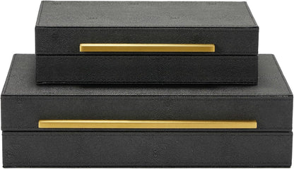 Sagala Set of 2 Ivory Shagreen Decorative Boxes With Brushed Gold Metal Handles, Faux Leather Jewelry Boxes Modern Storages Photo Memory Boxes Home Organizer Boxes (Ivory-Gold, 2pack)