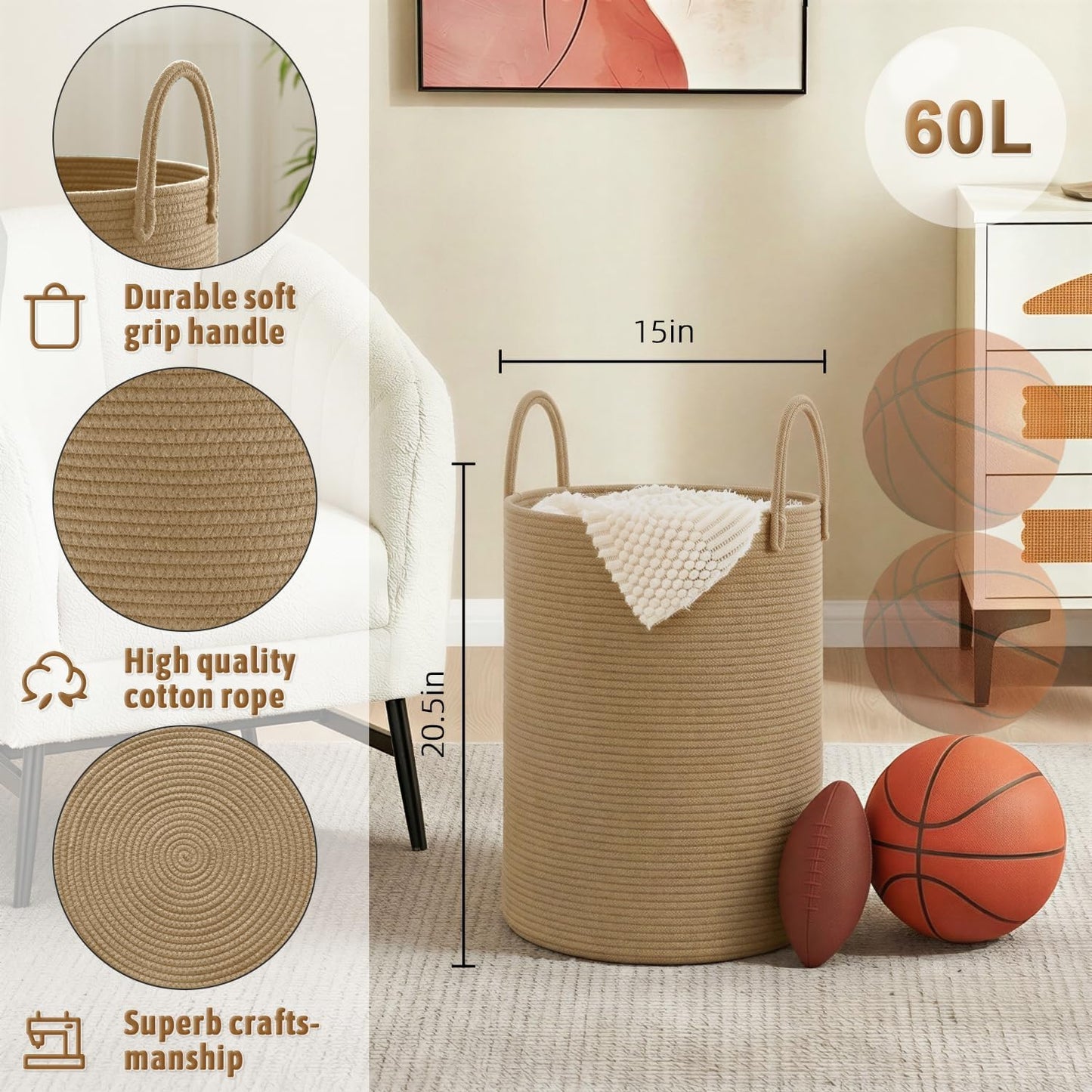 Artfeel Laundry Basket,Woven Cotton Rope Laundry Hamper,60L for Decor Storage of Dirty Clothes,Toys and Blankets in Bathroom,Baby Room and Living Room