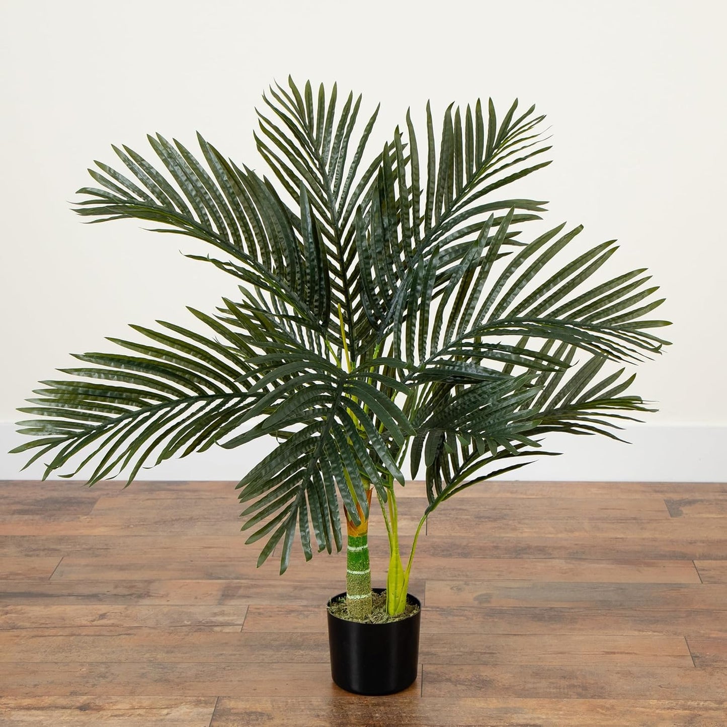 Nearly Natural 6.5ft Artificial Golden Cane Palm Tree, Lifelike Silk Indoor Palm With Three Textured Trunks Flexible Fronds Nursery Planter, Low Maintenance