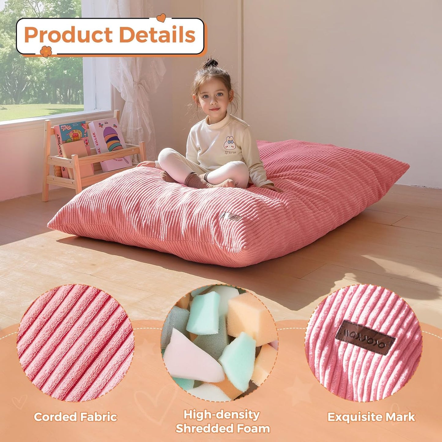 MAXYOYO 3 in 1 Kids Bean Bag Chair Couch, Convertible Chair Folds from Bean Bag to Lounger, Child Floor Sofa for Gaming, Reading, Floor Mattress with High-Density Foam Filling