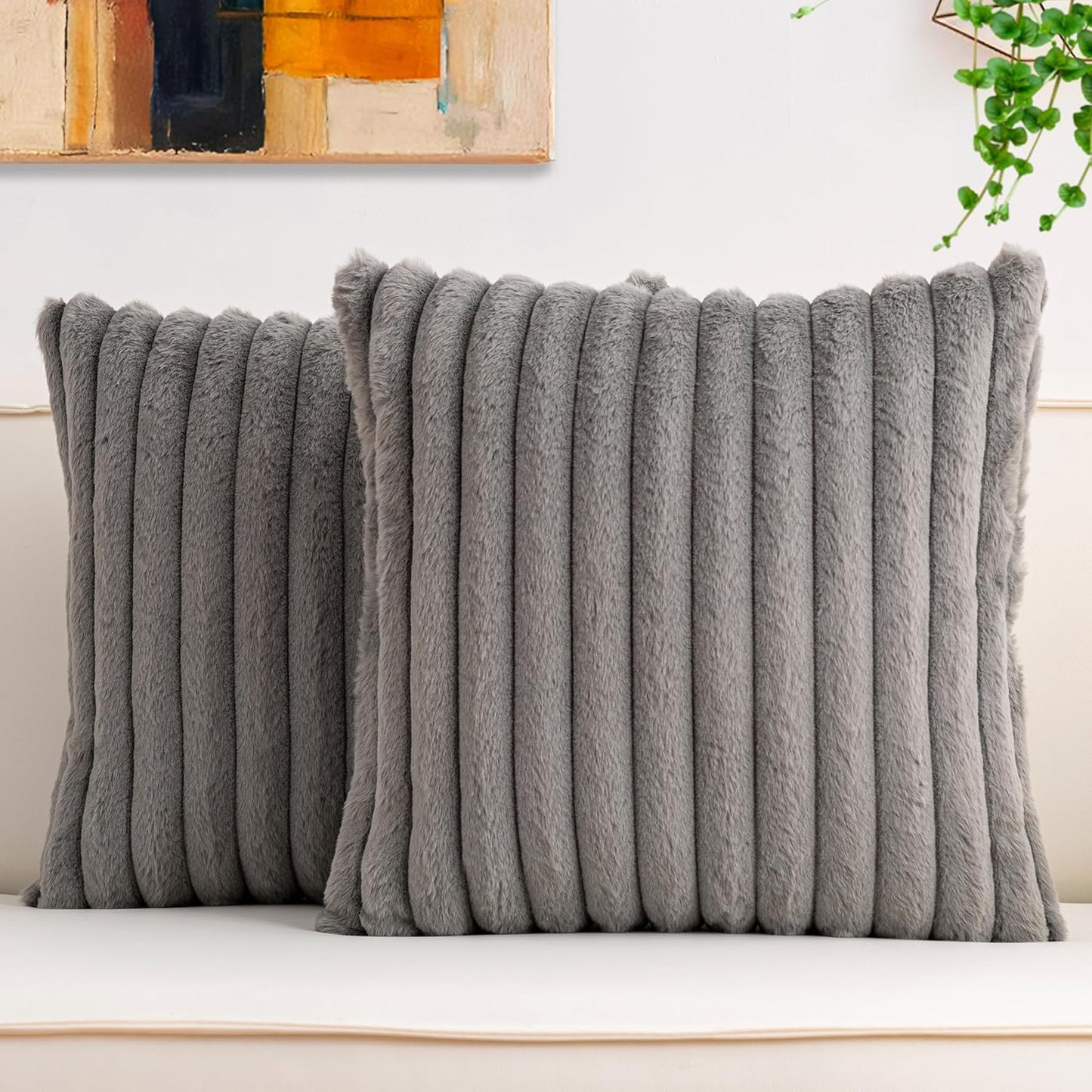Aegero Pack of 2 Faux Fur Christmas Throw Pillow Covers 18x18 Inch, Soft Plush Striped Neutral Couch Pillow Cover, with Velvet Back Modern Home Decor for Sofa Living Room Couch Bed Cream White