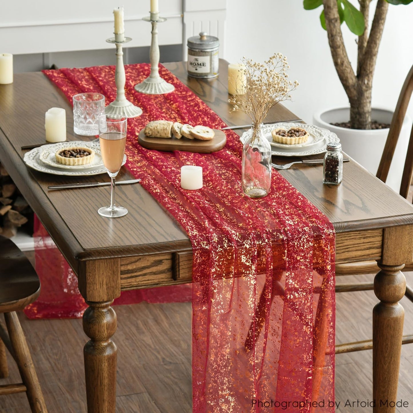 Artoid Mode Beige Gold Gauze Table Runner 120 Inch 10FT, Glitter Metallic Foil Sheer Dining Wedding Anniversary Holiday Birthday Table Decor for Home Party