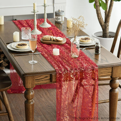 Artoid Mode Beige Gold Gauze Table Runner 120 Inch 10FT, Glitter Metallic Foil Sheer Dining Wedding Anniversary Holiday Birthday Table Decor for Home Party
