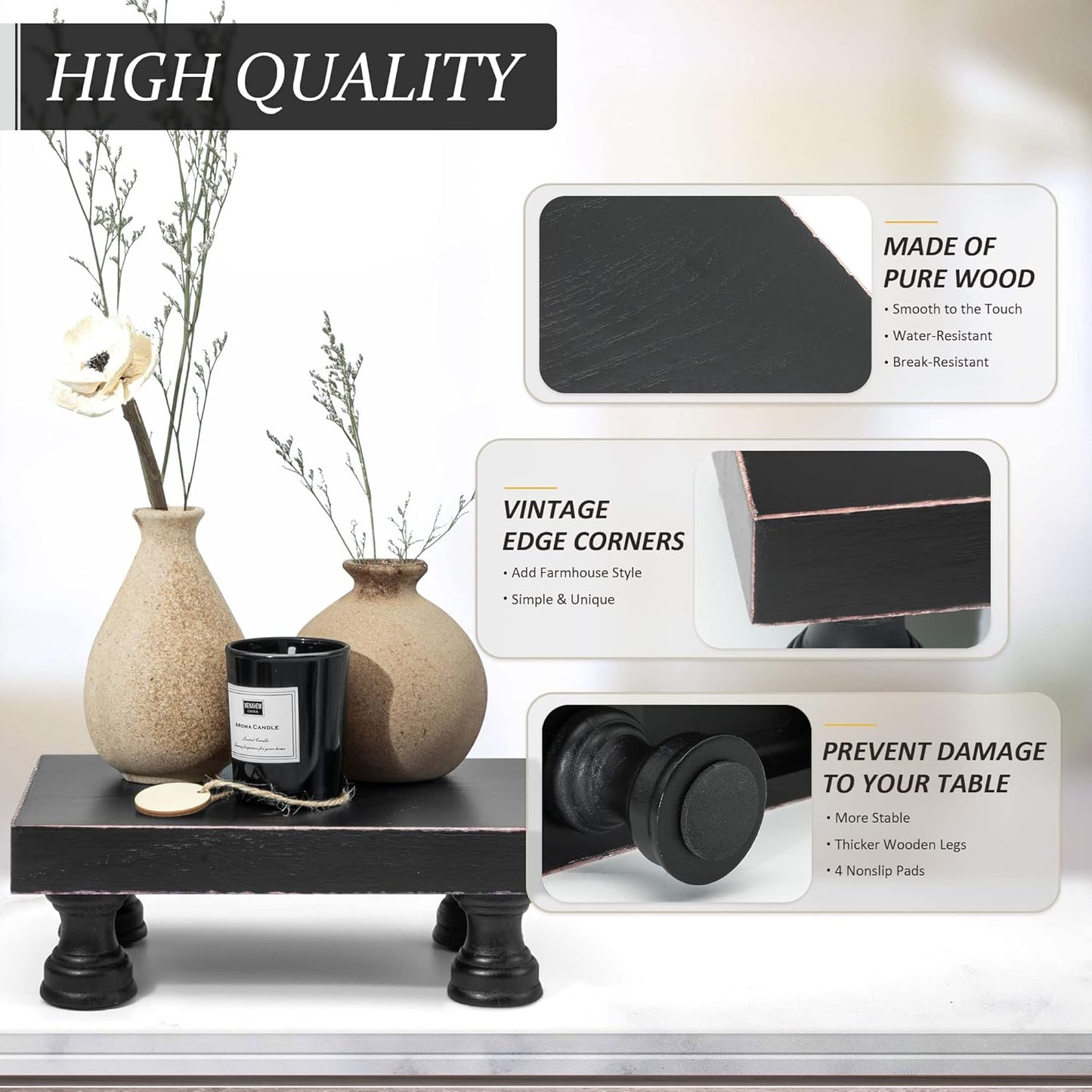 EOSAHR Farmhouse Riser for Room Decor : Decorative Pedestal Stand For Display Your Home Decorations and Uniquely Soap Stand - Rustic Bathroom Counter Tray and Kitchen Decor (Natural Wood)