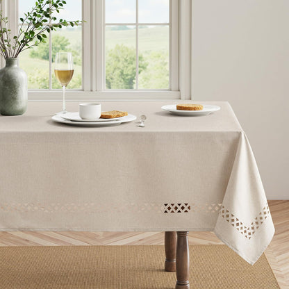 MIULEE Beige Rectangle Linen Polyester Tablecloth with Decorative Cutouts Spring Waterproof Stain Resistant & Shrink-Proof Table Cloth 52x70 inch Farmhouse Style for Dining Wedding and Outdoor