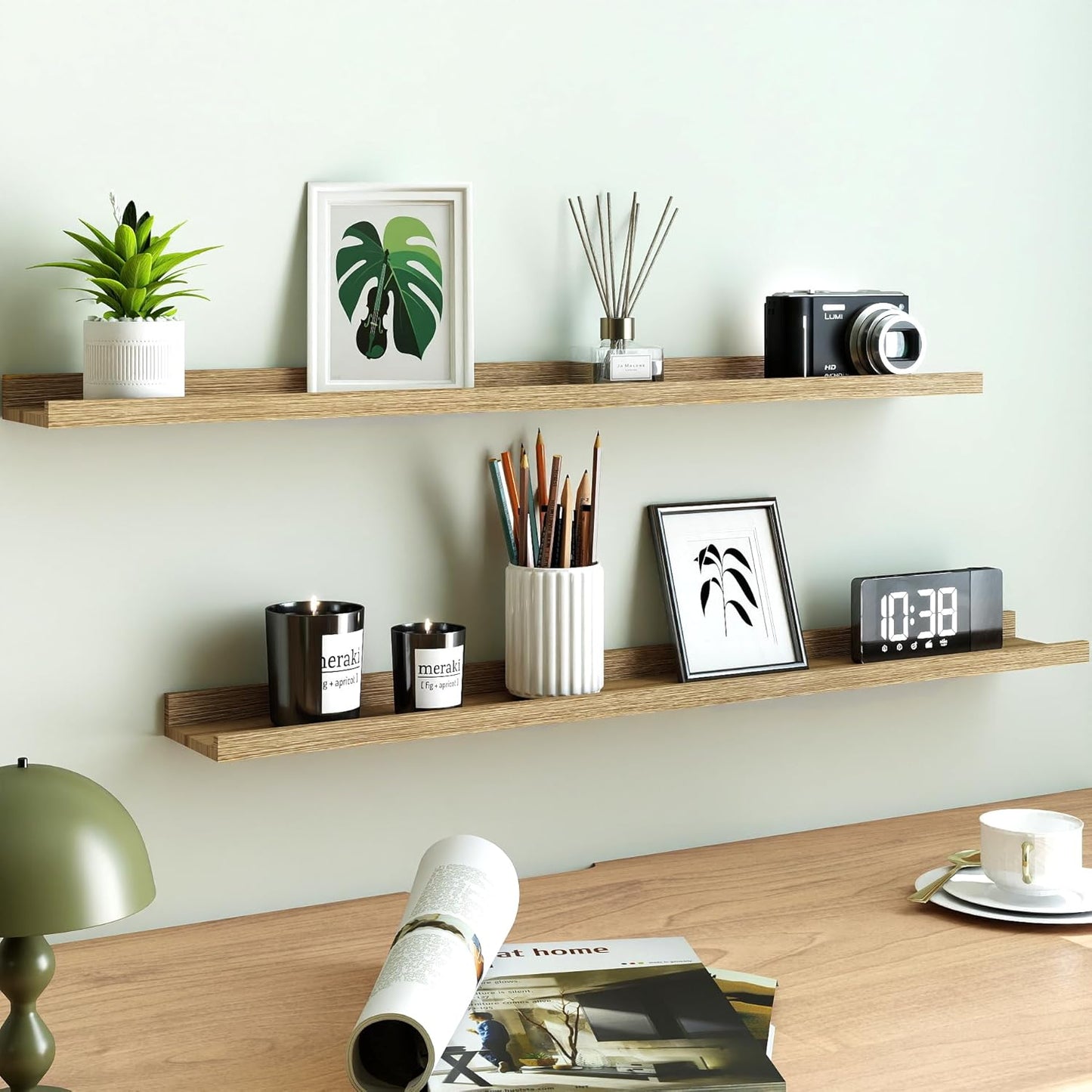White Floating Shelves for Wall Decor, Wall Mounted Wood Storage Shelf for Bedroom, Living Room, Bathroom, Kitchen, Nursery, Display Picture Ledge Shelf with Lip Set of 2-14 Inches, White