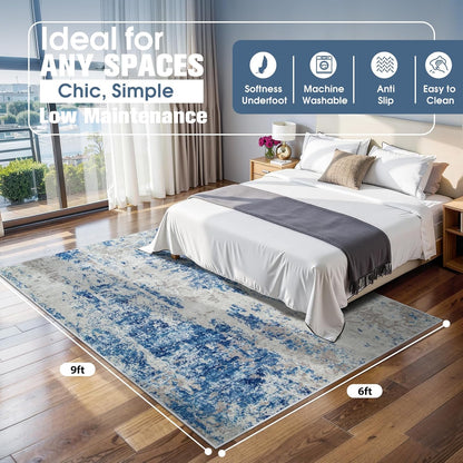 8x10 Area Rugs for Living Room Rug Washable: Abstract Large Rug for Dining Room Bedroom Carpet Non Slip 8 by 10 Indoor Modern Nursery Home Office Blue Grey