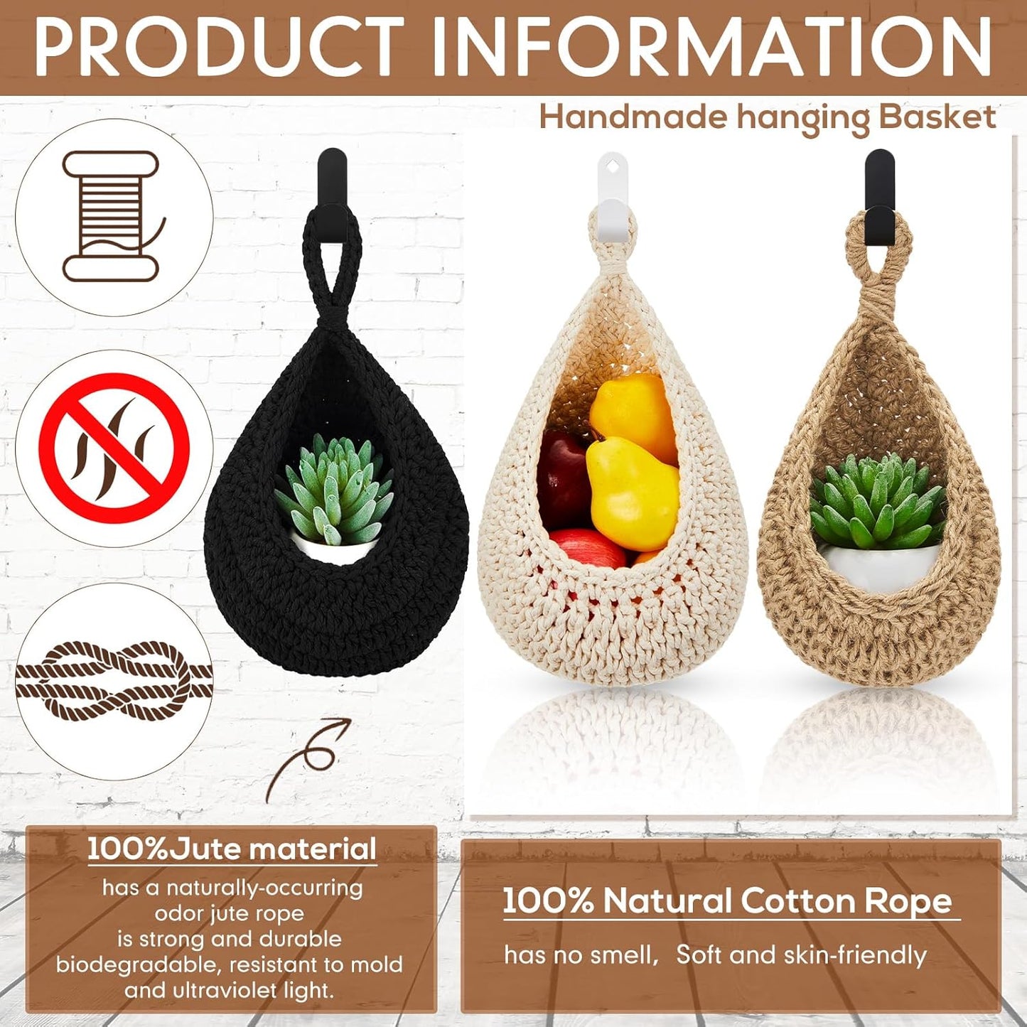 Honeydak Boho Decor Hanging Wall Baskets for Kitchen 3 Pack Teardrop Baskets with Hooks Storage Fruit Onion Vegetable Potato for Home 3 Sizes(Linen,Teardrop,Jute)