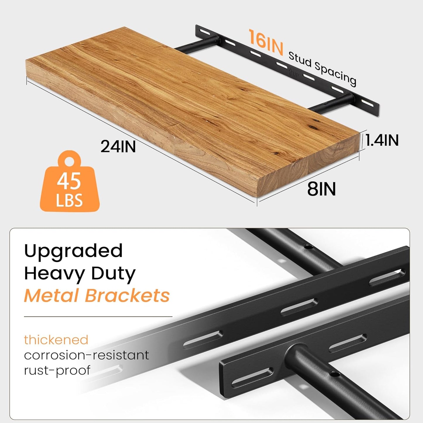 Floating Shelves 36 Inches Long - 8 Inch Deep Rustic Premium Solid Pine Wood for Storage - Farmhouse Wall Mounted for Living Room - Heavy-Duty Metal Bracket - 36" W x 8" D - Set of 2 - White Color