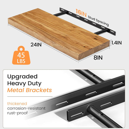 Floating Shelves 36 Inches Long - 8 Inch Deep Rustic Premium Solid Pine Wood for Storage - Farmhouse Wall Mounted for Living Room - Heavy-Duty Metal Bracket - 36" W x 8" D - Set of 2 - White Color