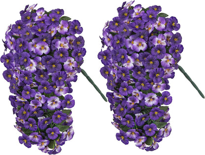 HyeFlora Artificial Flowers for Outdoors, 2pcs Faux Silk Pansies Flowers UV Resistant Fake Hanging Flower Plants for Outside Planters Porch Yard Patio Window Box (Mix Purple)