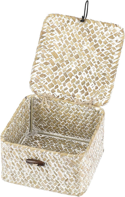 Hipiwe Seagrass Basket with Lid Wicker Storage Basket Square Handwoven Decorative Baskets Box for Shelf Multipurpose Household Baskets Home Decor,X-small