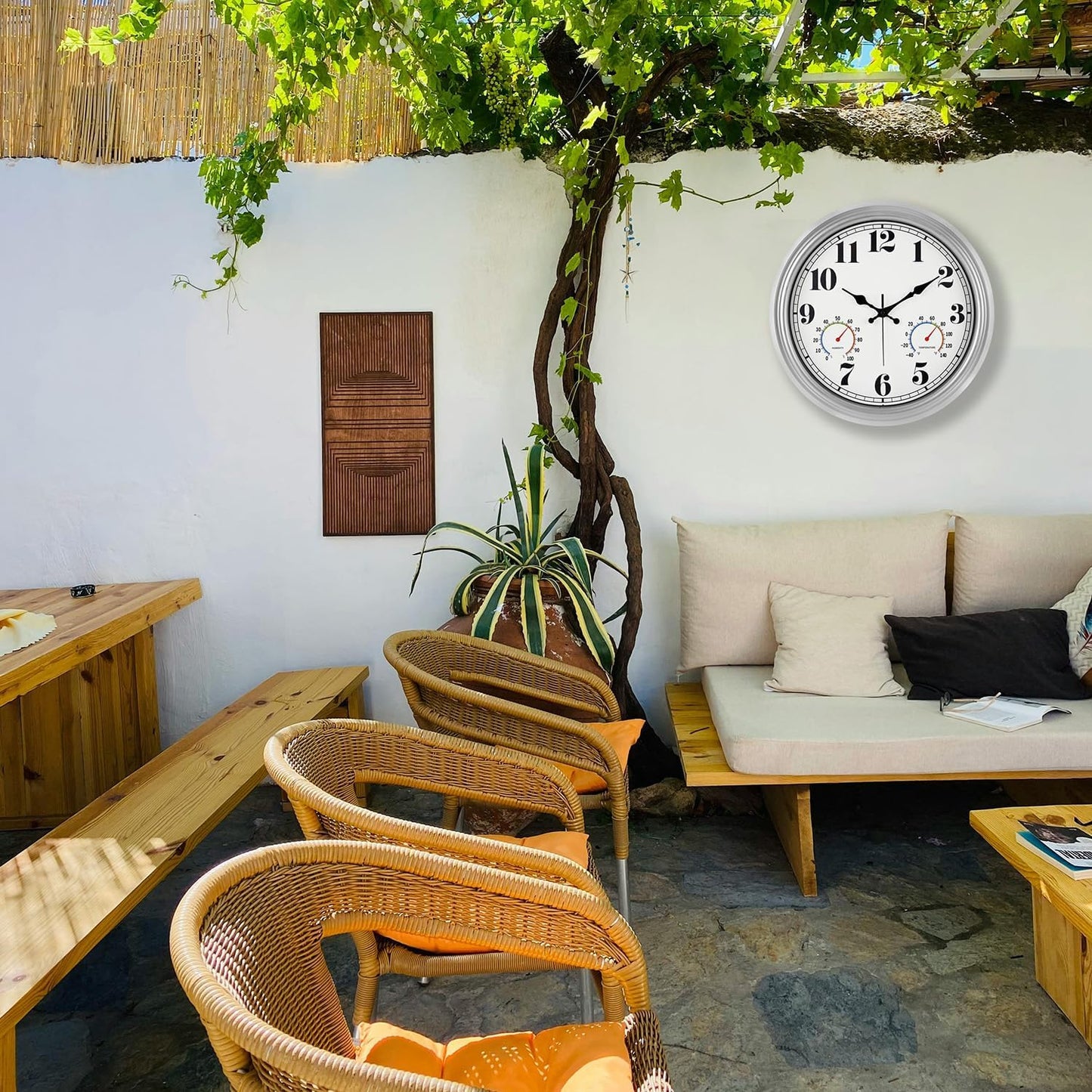 JENLYSTIME 12 Inch Indoor/Outdoor Retro Waterproof Wall Clock with Thermometer Silent Round Quartz Battery Operated Easy to Read Decorative for Kitchen Patio,Bathroom,Deck,Porch,Pool(Blue)