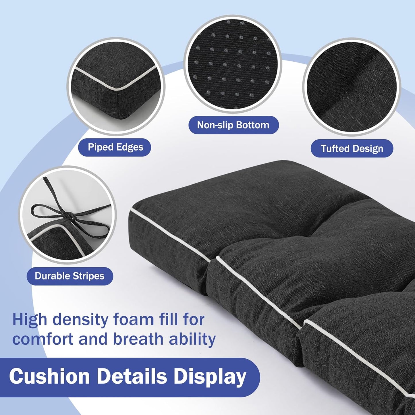 IPYNBAP Bench Cushion, 42 x 16 Inch Patio Furniture Cushions with Durable Ties, Soft Memory Foam Bench Cushions for Indoor/Outdoor Furniture with Non-Slip Bottom, Kitchen&Dining, Dark Grey