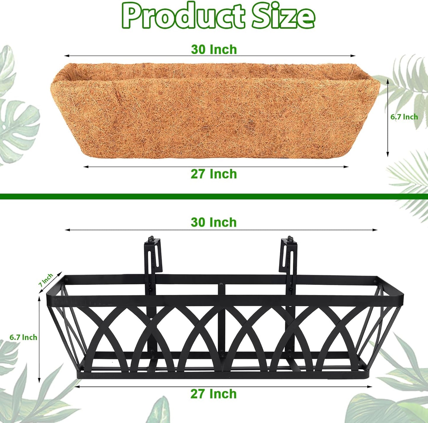 LCHUANG Deck Railing Planter Window Box - 3 Pack 24 Inch Deck Balcony Rail Planter with Coconut Coir Liner, Fence Metal Hanging Flower Planter Basket Deck Railing Planter Boxes for Outdoor Lawn