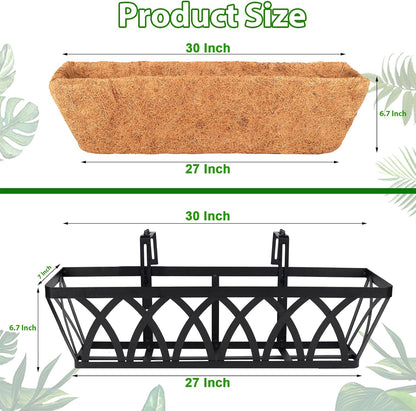 LCHUANG Deck Railing Planter Window Box - 3 Pack 24 Inch Deck Balcony Rail Planter with Coconut Coir Liner, Fence Metal Hanging Flower Planter Basket Deck Railing Planter Boxes for Outdoor Lawn
