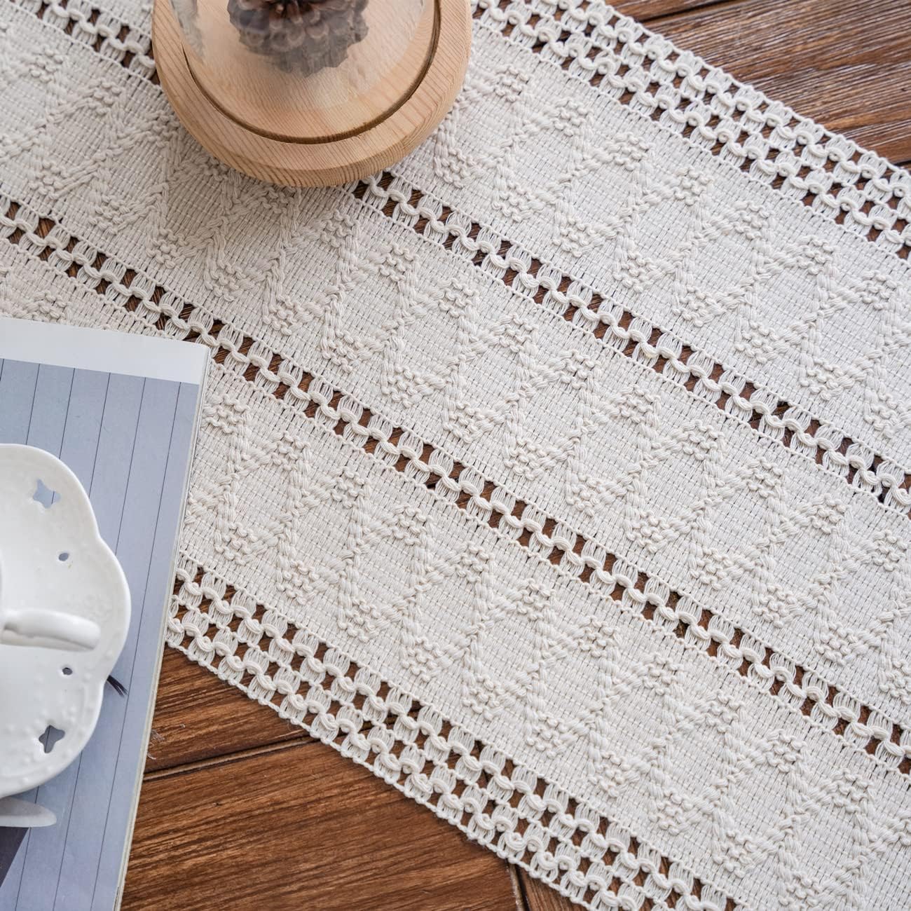 Macrame Table Runner Cream Beige Boho Table Runners with Tassels Hand Woven Cotton Table Runner Rustic Farmhouse Table Runners for Bohemian Kitchen Dining Table(12x71in)