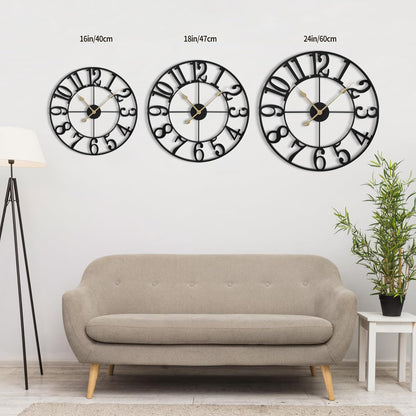 LEIKE 16" Large Wall Clocks Battery Operated, Round Modern Silent Non-Ticking Black Metal Wall Clock for Living Room Decor, Bedroom Kitchen (40cm Diameter, Black Roman Number)