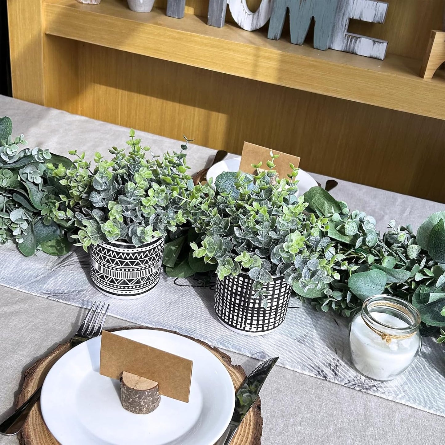 Winlyn Set of 2 Small Artificial Potted Plants Faux Eucalyptus Plant in White Geometric Ceramic Pots Small Desk Potted Plants 7.1" Tall for Home Office Room Decorations Wedding Greenery Centerpiece