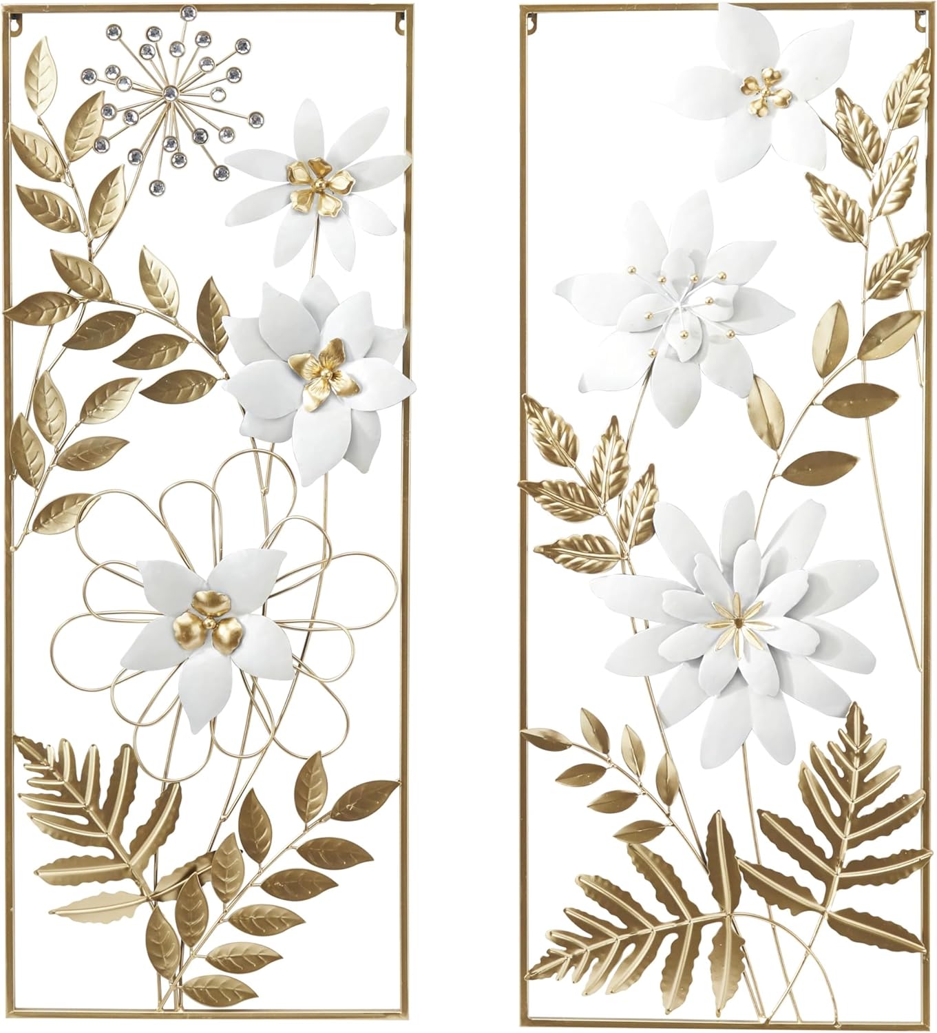 Deco 79 Metal Floral Home Wall Decor Wall Sculpture with Gold Frame, Set of 2 Wall Art 14"W, 35"H, Gold