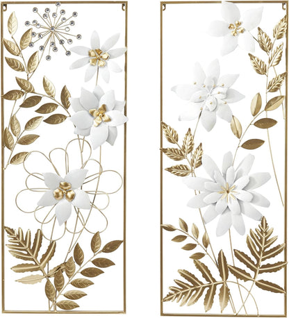 Deco 79 Metal Floral Home Wall Decor Wall Sculpture with Gold Frame, Set of 2 Wall Art 14"W, 35"H, Gold