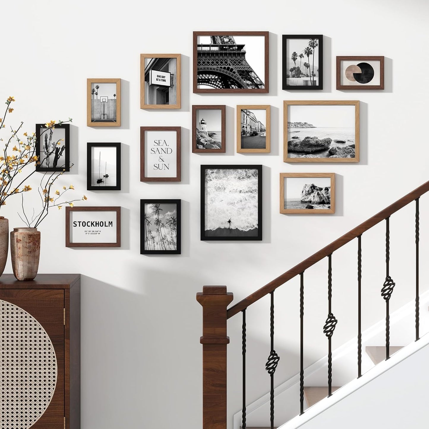 Venusmiles 15 Pack Picture Frames Collage Wall Decor, Gallery Frame Set for Wall Mounting or Tabletop Display, Multi Sizes Including 3pcs 8x10, 6pcs 5x7, 6pcs 4x6, Oak