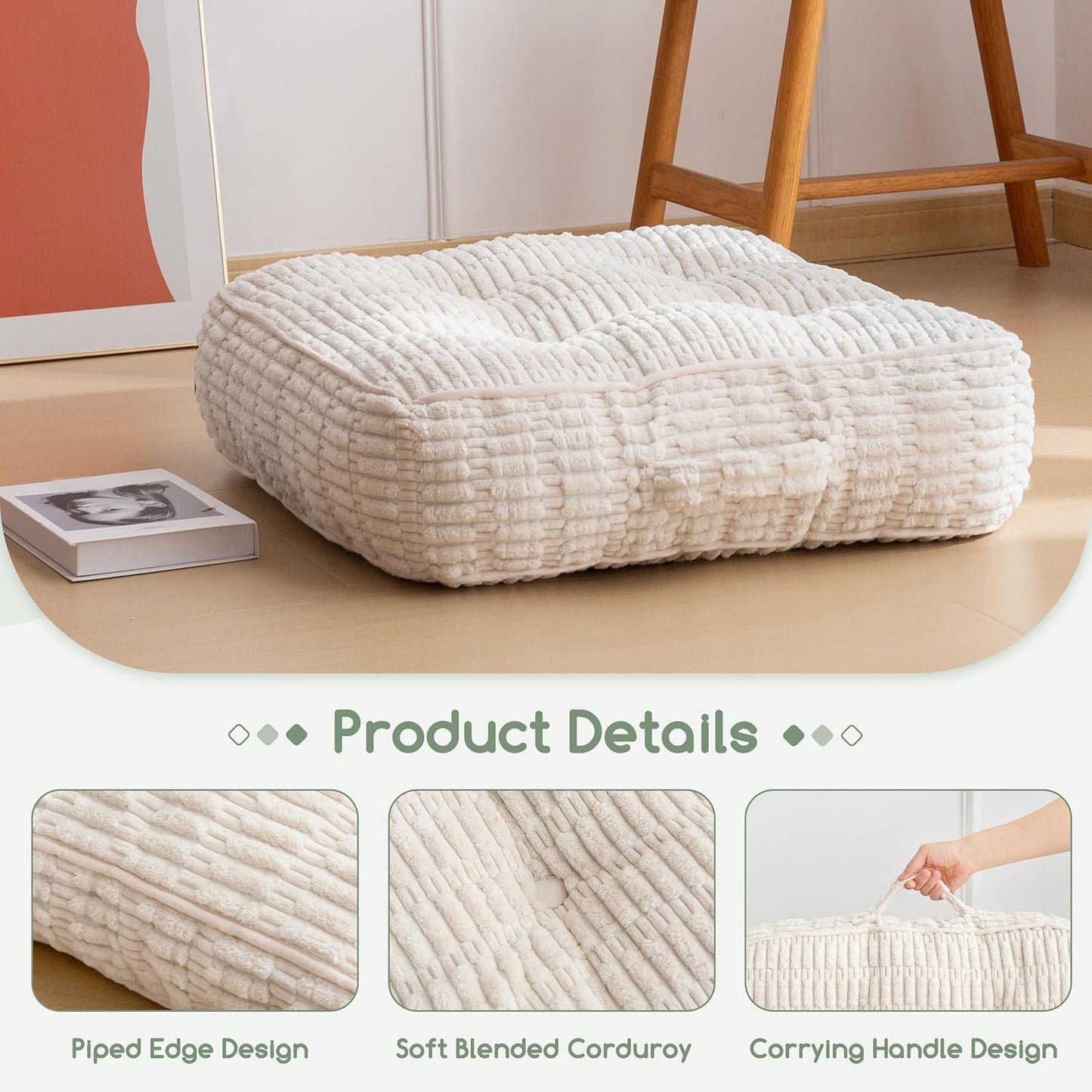 HIGOGOGO Floor Pillow Cushion for Adults, Meditation Cushion Pillow, Blended Corduroy Cover, Large Square Floor Sitting for Tatami Living Room or Yoga, 22x22 Inch, Beige
