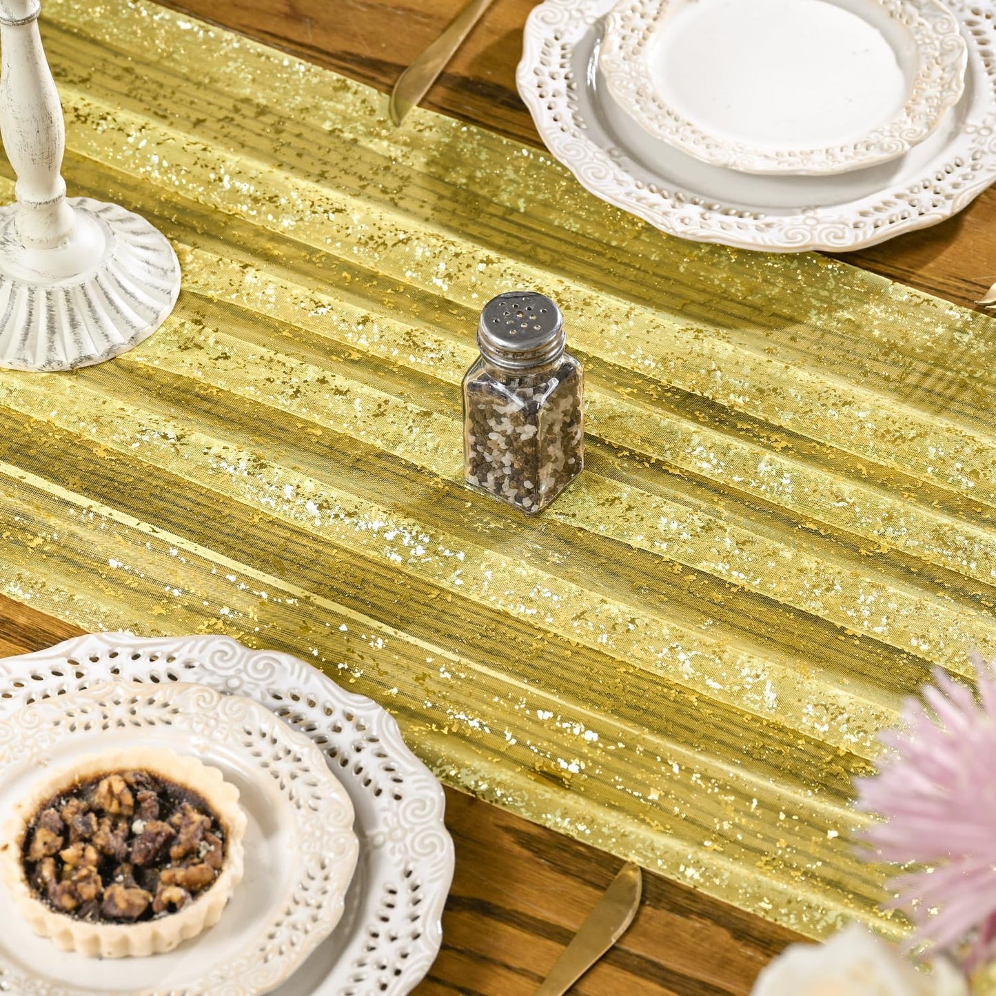 Artoid Mode Beige Gold Gauze Table Runner 120 Inch 10FT, Glitter Metallic Foil Sheer Dining Wedding Anniversary Holiday Birthday Table Decor for Home Party