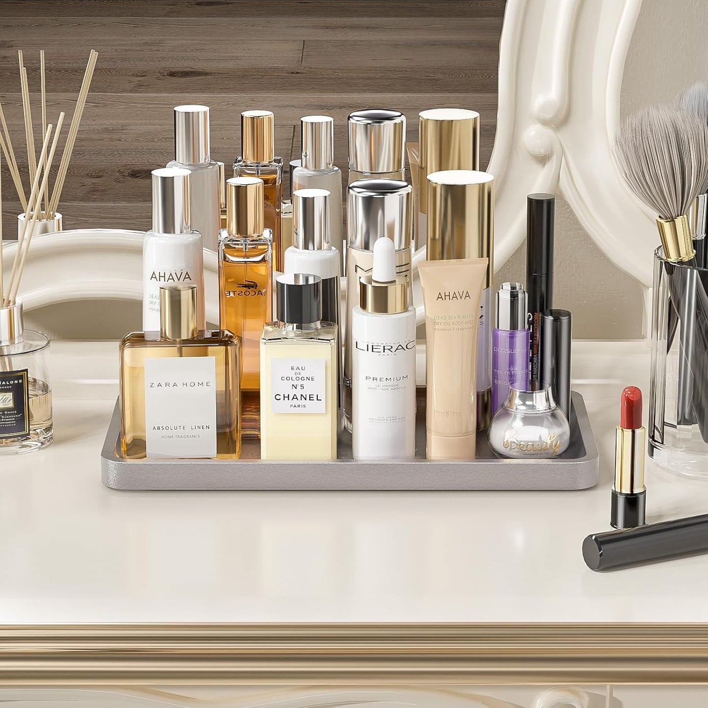 Bathroom Vanity Tray for Countertop - Bamboo Organizer Tray for Dresser Tops, Toilet, Perfume Small Decorative Tray Wood Tray for Home Decoration 11.81” L x 6.1” W x 0.79” H Black