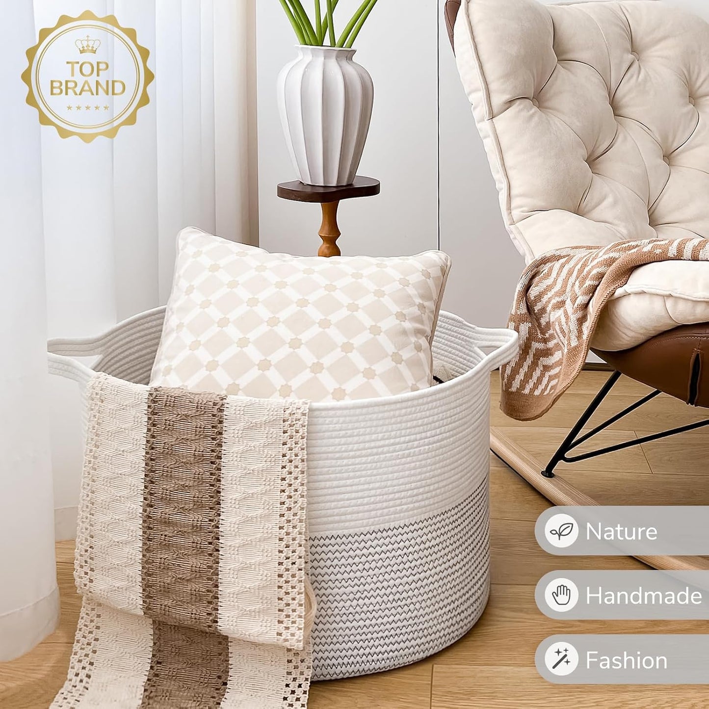 INDRESSME XXXLarge Blanket Basket for Living Room 21.7" x 21.7" x 13.8"-Storage Basket with Handle for Organizing Toy Pillows Woven Cotton Rope Laundry Basket Stuffed Animal Toy Storage for Play Room