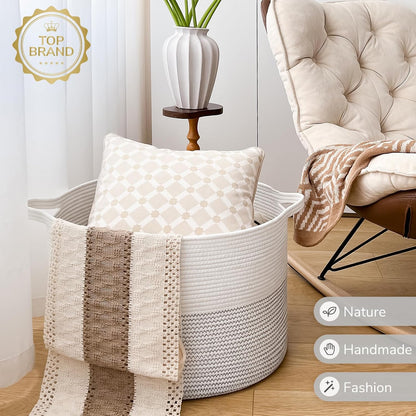 INDRESSME XXXLarge Blanket Basket for Living Room 21.7" x 21.7" x 13.8"-Storage Basket with Handle for Organizing Toy Pillows Woven Cotton Rope Laundry Basket Stuffed Animal Toy Storage for Play Room
