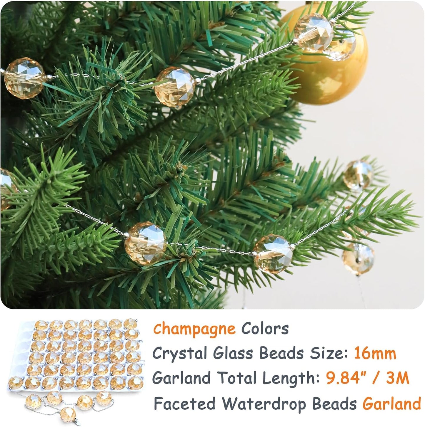 LEFERS 9.8Ft Crystal Glass Balls Christmas Garland,48 Beads 16mm Faceted Prism Beads Strands Hanging Ornament Decoration for Christmas Tree Centerpieces Wedding Party (Gold)
