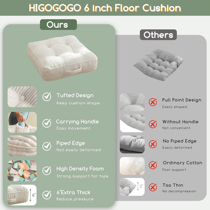 HIGOGOGO 6" Extra Thick Floor Pillow Cushion for Adults, Meditation Cushion Pillow, Large Square Floor Sitting, Tufted Corduroy Cover, for Tatami Living Room or Yoga, 22x22 Inch, 2Pack, Dark Grey