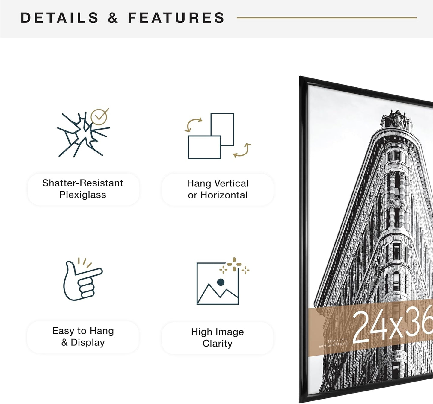 MCS Trendsetter 24x36 Poster Frame Black High-Gloss, Vertical & Horizontal Wall Hanging Large Picture Frame for Photos, Posters & Art Prints (1-Pack)