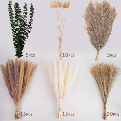 Pampas Grass Decor, Dried Flower Bouquet with Bunny Tail Grass, Pampas Grass & Eucalyptus, Boho Centerpieces for Tables & Floors - Dried Floral Arrangement, Fall Grass & Stylish Olive Green Wall Décor