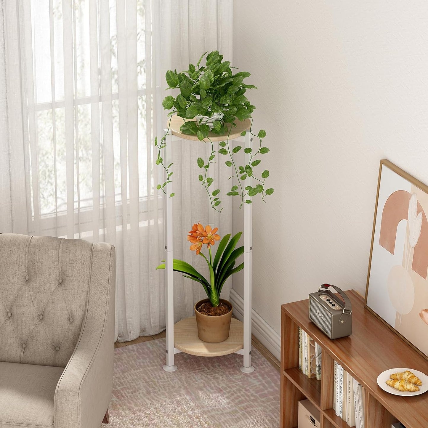 Plant Stand Indoor Corner Tall 2 Tier Metal Modern Flower Storage Plant Shelf Holder for Living Room Balcony Garden,Black (2 Tier-Black Round)
