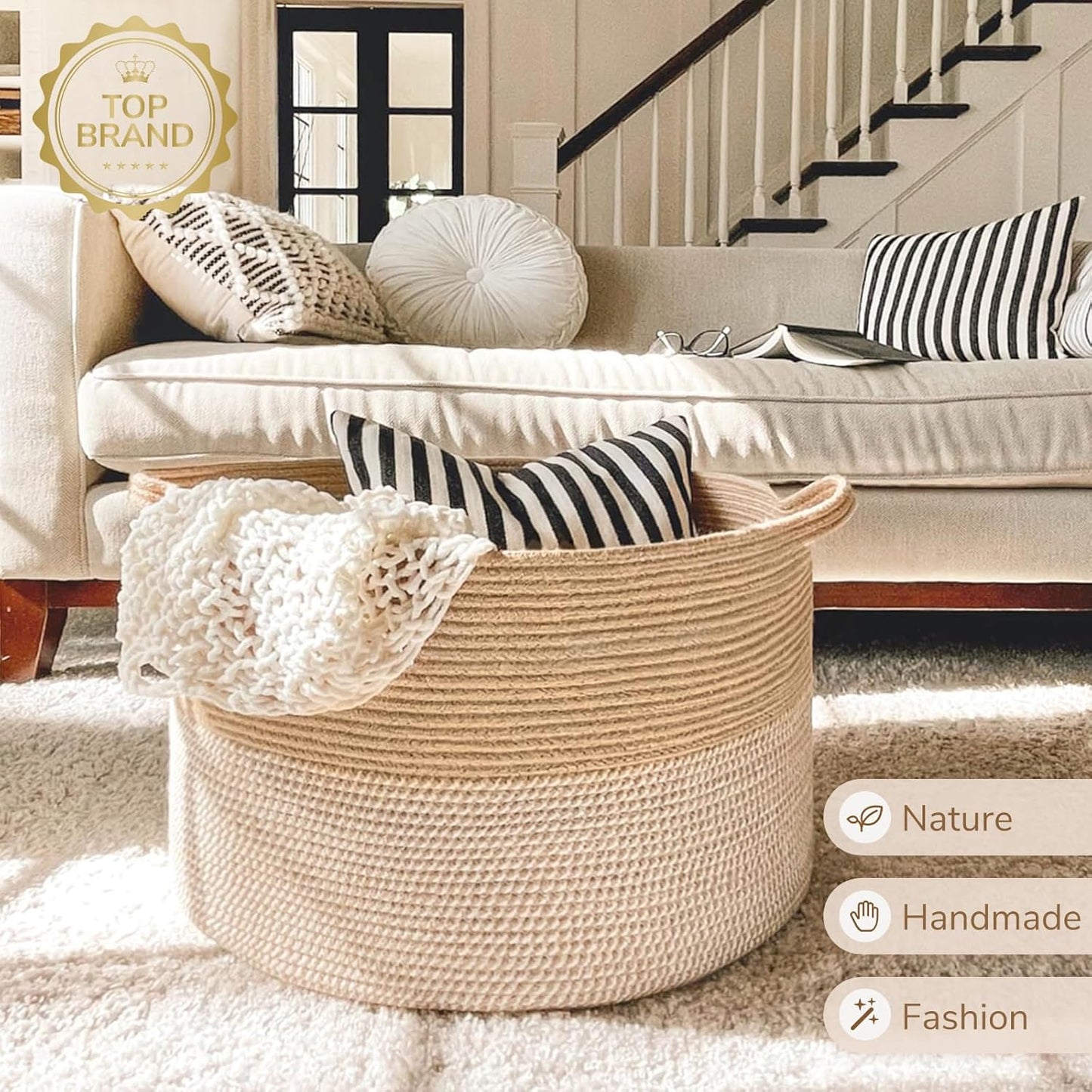 INDRESSME XXXLarge Blanket Basket for Living Room 21.7" x 21.7" x 13.8"-Storage Basket with Handle for Organizing Toy Pillows Woven Cotton Rope Laundry Basket Stuffed Animal Toy Storage for Play Room
