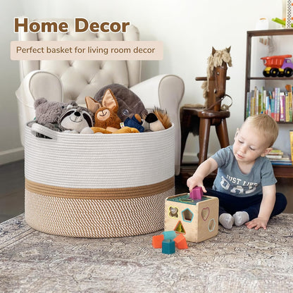 INDRESSME XXXLarge Blanket Basket for Living Room 21.7" x 21.7" x 13.8"-Storage Basket with Handle for Organizing Toy Pillows Woven Cotton Rope Laundry Basket Stuffed Animal Toy Storage for Play Room
