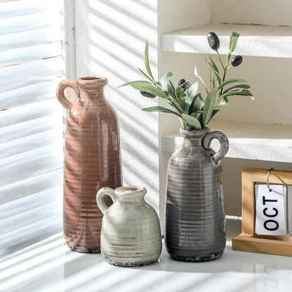 Ceramic Vase Set of 3 | Neutral Vase Home Decor with Handle | Pottery Modern Farmhouse Vases Pampas Grass Flower Vases for Home Decor Table Living Room Centerpieces Mantel Decor - Multicolor