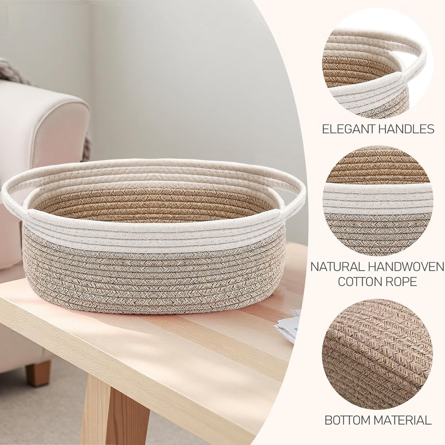 JMvicyroam Woven Basket,Small Rope Storage Bin with Handles & Ribbon Bag, Organizer for Shelves Closets,Gift Basket Empty for Birthday,Books,Dog Toys,White