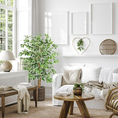 GTIDEA 6ft Artificial Tree Ficus, Tall Faux Trees Indoor with Natural Trunk and Fake Silk Tree Fake Plants for Home Spring Decor Living Room Outdoor Balcony House Office (Included Dried Moss)