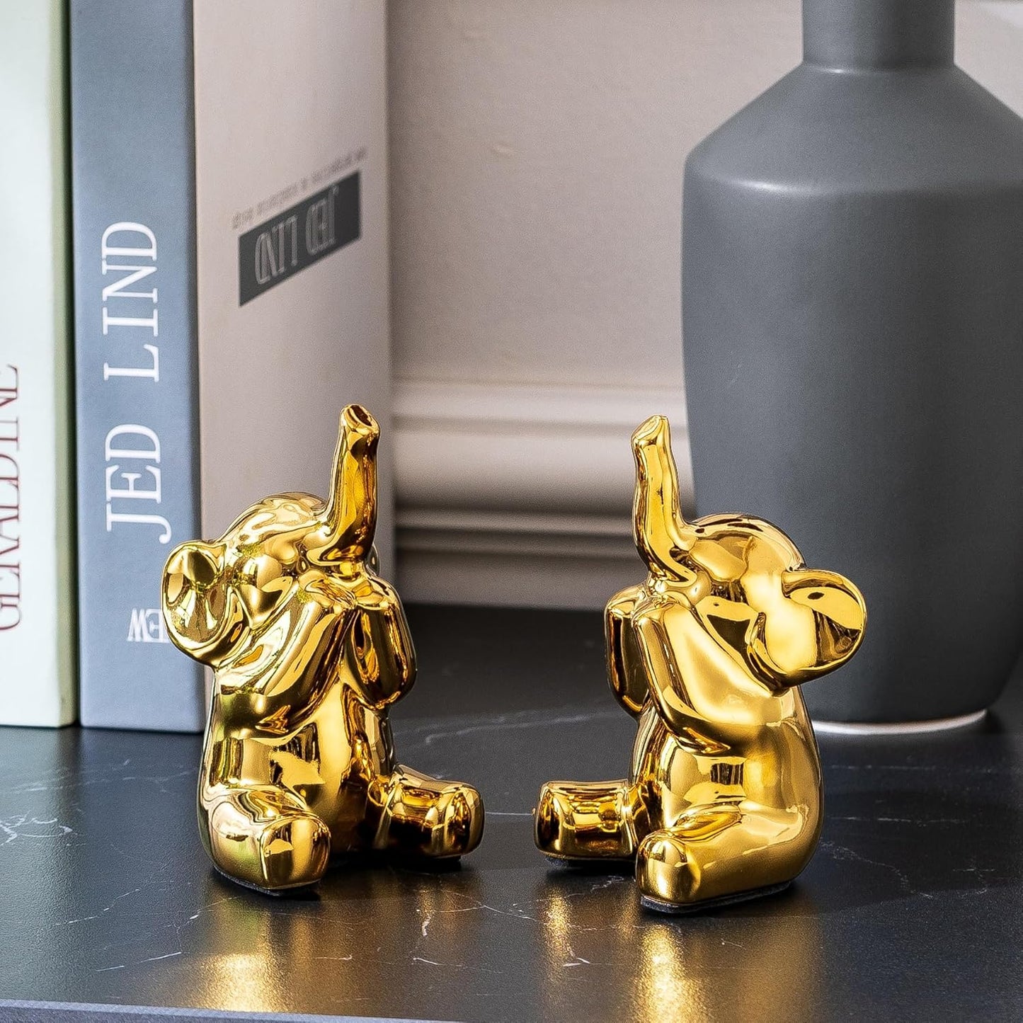 SURE YUESI for Mom from Daughter or Son, Pair of Small Gold Elephant Figurines, Modern Boho Decorative Statues, Lucky Elephant Home Decor for Living Room, Bedroom, Office Desk & Shelf
