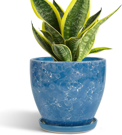 10 Inch Ceramic Planter Pot Round Plant Pot for Indoor Plants Outdoor Large Flower Pot with Drainage Hole and Saucer Blue