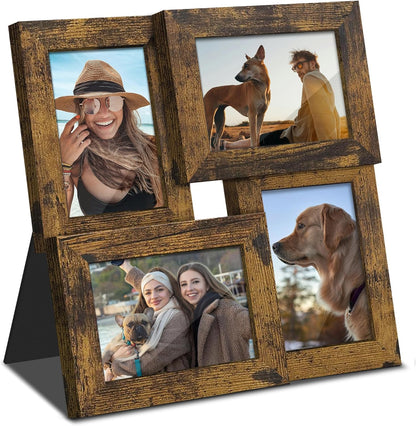DUENPY 4x6 Collage Picture Frame Tempered Glass Front, Displays Four 4x6 Photo, Family Photo Collage Frame, Wall Decor Wall Hanging or Tabletop, Brown