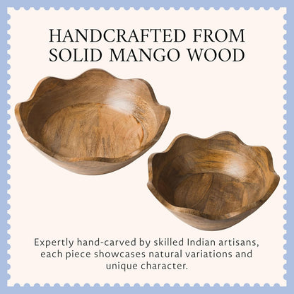 Mela Artisans 12-Inch Mango Wood Scalloped Bowl - Hand-Finished Decorative Serving and Fruit Bowl with Natural Grain for Kitchen Counter, Snacks, Desserts, Bread and Home Decor Centerpiece