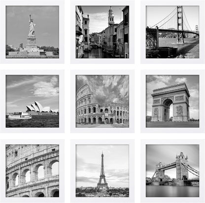 eletecpro 12x12 Picture Frames Set of 9 with Clear Acrylic Cover, Display 8x8 Photos with Mat or 12x12 Without, Classic and Sturdy Square Collage Gallery Wall Decor, Easy Wall Mount, Black