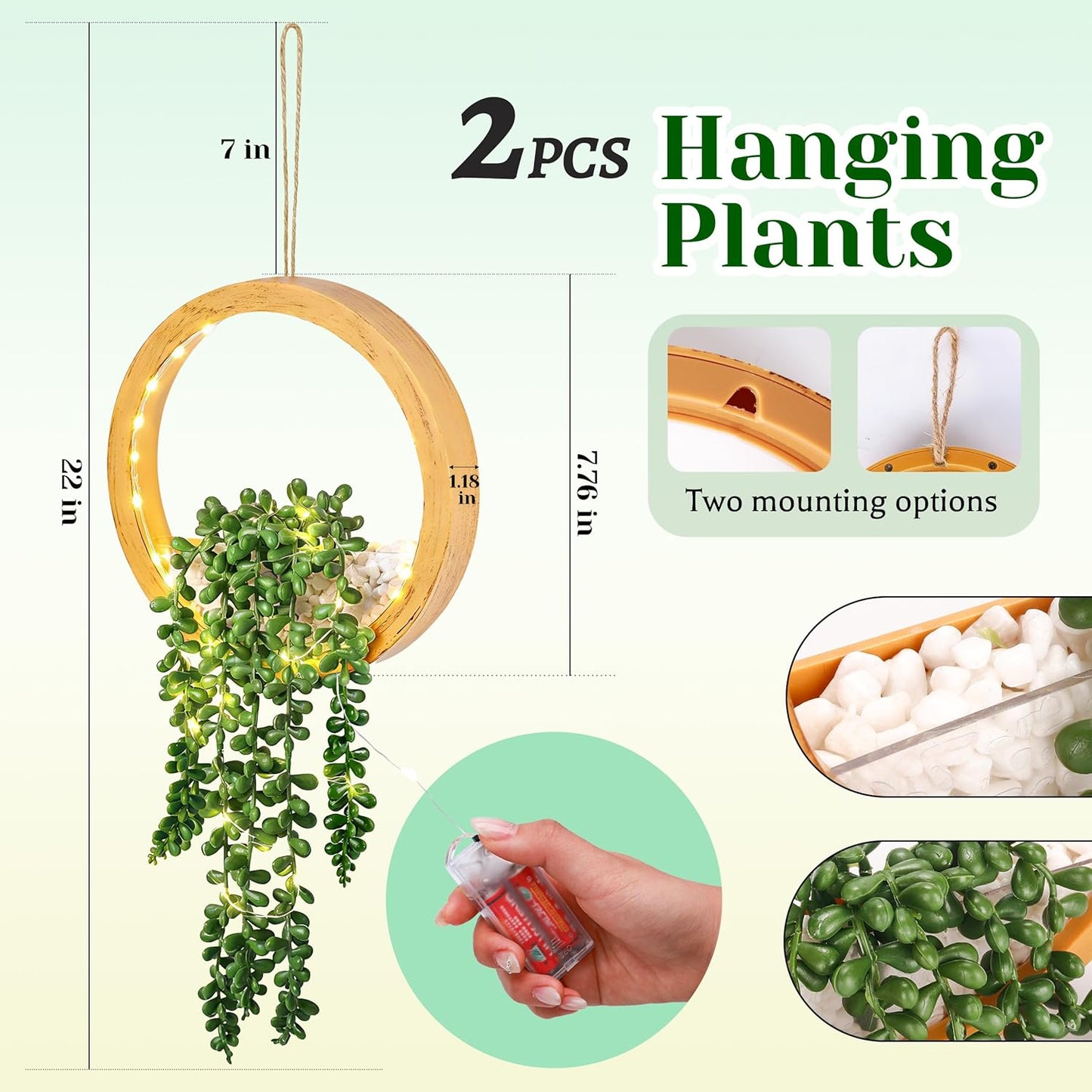 Der Rose 2 Pack Lighted Hanging Plants, Artificial String of Pearls Succulents with Warm LED Lights, Aesthetic Fake Plants for Black Bathroom Bedroom Living Room Wall Decor, Party & Gift for Women